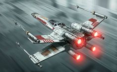 a star wars fighter jet flying through the air with red lights on it's wings