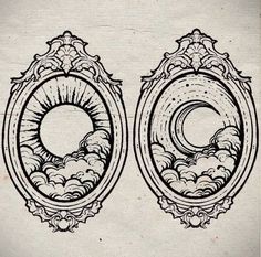 an artistic drawing of two oval mirrors with clouds in the middle and one on top