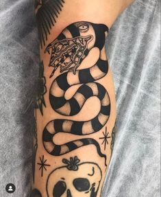 a black and white snake tattoo on the arm