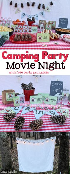 a camping party movie night with free printables and pine cones on the table