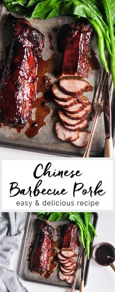 chinese barbecue pork with sauce and green beans on the side, served in a pan