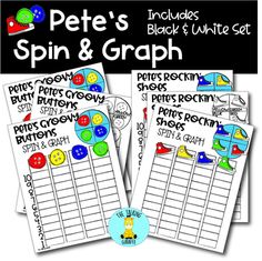 Pete's Rockin' Spin and GraphYour students will be rockin' with this groovy spin and graph center activity.Perfect for preschool, pre-k, or kindergarten students it's a great way to work on counting and graphing skills. Use as center time, small group, large group, or as an independent activity. So, many fun ways to use this resource! This activity includes:Six different spin and graph sheetsThree Rockin' Shoes sheets w/blk and white page Three Groovy Buttons sheets w/blk and white pageBe sure to Follow TheTalkingGiraffe & remember to take a minute to leave feedback and collect TPT credits!* If you have questions, please reach out to thetalkinggiraffe2@gmail.com We are happy to answer any questions you might have. Looking for a specific item?  Shoot us an email we would love to work wi Math Counting Activities, White Page, Independent Activities, Math Activity, Pete The Cat, White Pages, Activity Centers, Small Group, Math Activities