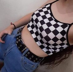 Checkered Crop Top Checkered Top Outfit, Aesthetic Checkered, Checkered Crop Top, Checkered Top, Spaghetti Top, Art Outfits, Aesthetic T Shirts, Styles P, Top Outfit