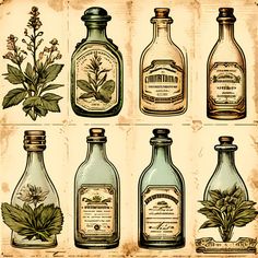 six bottles with different types of herbs in them