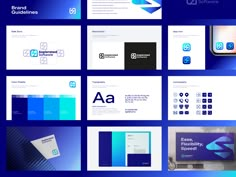 the blue and white business card design is displayed on top of each other, with different logos