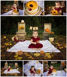 a baby sitting on a blanket in front of a cake with sunflowers and other decorations