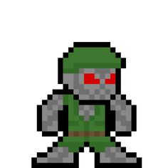 an image of a pixel art style character with red eyes and a green shirt on