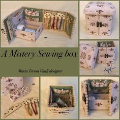 the instructions for making a sewing box are shown in four different pictures, including an open drawer