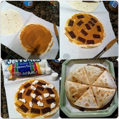 four different views of desserts with peanut butter and marshmallows on them