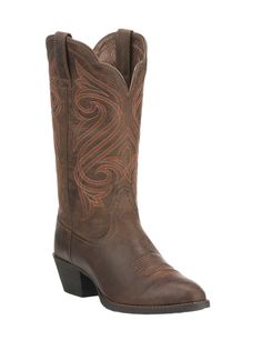 Ariat Women's Dark Toffee with Orange Embroidery Western Round Toe Boots | Cavender's Black Chunky Boots, Short Heel Boots, Ariat Cowboy Boots, Grey Leather Boots, Country Clothes, Orange Embroidery, Round Toe Boots, Western Boots For Men