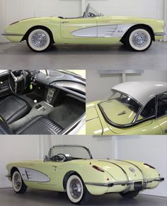 three different views of a yellow car with the hood up and the interior down, from top to bottom