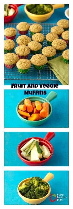 three pictures showing different types of fruit and veggie muffins