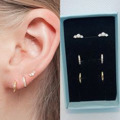 ❀ I T E M ∙ D E T A I L Material:925 Sterling gold Made with thick gold plated on sterling silver Set comes with: * Diamond Dangle Hoops (9mm Inner Diameter) * Paved Huggie Hoops (7mm) also available at 6mm/8mm/9mm * double diamond internal Cartilage Studs 18g/6mm ❀ P R O D U C T I O N ∙ T I M E * Our processing time is about 1-2 business days ❀ S H I P P I N G ∙ T I M E UNITED STATES 🇺🇸 - USPS First Class Mail * 2 - 4 Business Days * Includes Tracking CANADA 🇨🇦 - Canada Post Regularlletter Dainty Stackable Earrings For Anniversary, Gold Huggie Piercings For Anniversary, Gold Stackable Huggie Earrings For Anniversary, Anniversary Cartilage Earrings With Diamond Accents, Gold Cartilage Earrings With Diamond Accents For Anniversary, Dainty Stackable Huggie Earrings For Anniversary, Sterling Silver Stackable Huggie Earrings For Anniversary, Gold Huggie Piercings With Diamond Accents, Minimalist Cartilage Earrings With Diamond Accents As A Gift