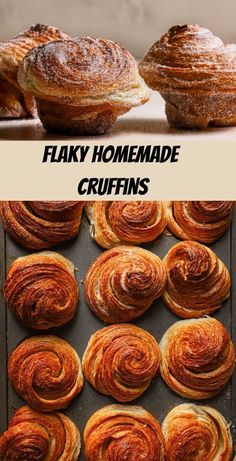 two pictures with different types of pastries on them and the words flaky homemade cruffles