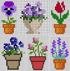 cross stitch pattern with flowers in pots on the front and back side, all different colors