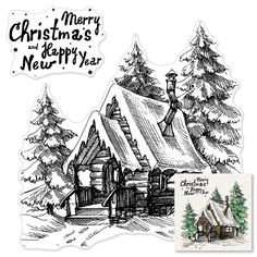 a christmas card with a drawing of a cabin in the snow and a stamp that says merry