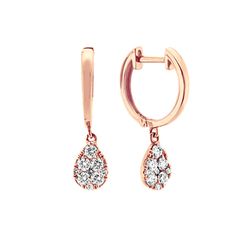 Crafted in quality rose gold  20 brilliant round diamonds  at approximately .28 carat total weight  have been hand-matched for color and sparkle in these beautiful 3/4 of an inch dangle hoop earrings. Rose Gold Vvs Clarity Huggie Diamond Earrings, Rose Gold Hoop Earrings With Brilliant Cut Diamonds, Rose Gold Dangle Earrings With Brilliant Cut, Rose Gold Diamond Hoop Earrings With Brilliant Cut, Rose Gold Brilliant Cut Dangle Earrings, Rose Gold Huggie Jewelry With Halo Design, Rose Gold Hoop Earrings With Single Cut Diamonds, Rose Gold Huggie Earrings With Brilliant Cut, Rose Gold Diamond Accent Dangle Earrings