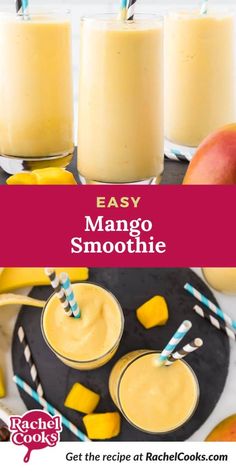 mango smoothie in glasses with straws and apples