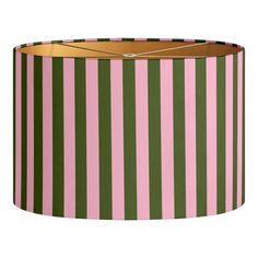 a pink and green striped lamp shade on a white background with gold trimmings