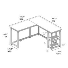 the standard desk is shown with measurements for each side, and features an open shelf