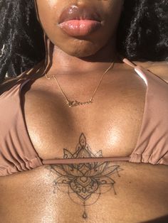 Tattoo Ideas Female Black Women Chest, Middle Chest Tattoo Black Female, Women Middle Chest Tattoo, Middle Of The Chest Tattoo Black Women, Tat In Between Chest, Tattos Between Chest, Flower Tattoos Sternum, Tattoo Ideas Middle Of Chest, Ankh Sternum Tattoo