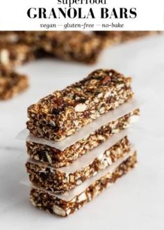 granola bars stacked on top of each other with the title superfood granola bars