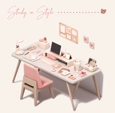 a computer desk with pink chairs and pictures on the wall behind it that says stay in style