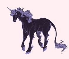 a drawing of a black unicorn with long manes and blue hair running through the air