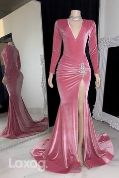 Add a touch of elegance with this stunning 22572 V-Neck Long Sleeves Beaded High Slit Mermaid Prom Dress. Designed for Black Girl Slay, this dress features intricate beadwork and a flattering high slit that exudes confidence and sophistication. Stand out at your next event and make a statement with this beautiful dress. Dark Red Bridesmaid Dresses, Prom Dress With Train, Velvet Prom Dress, Military Ball Dresses, Pink Party Dresses, Red Bridesmaid Dresses, Prom Dresses Long With Sleeves, Dress Silhouette, Evening Gowns Formal