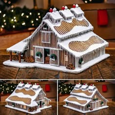 three pictures of a gingerbread house with icing on the roof