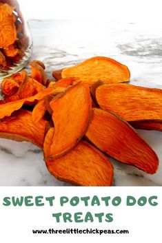 sweet potato dog treats on a marble counter top with text overlay that reads, sweet potato dog treats