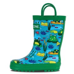 a child's blue and green rain boot with frog print on the side,