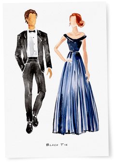 a watercolor drawing of a man in a tuxedo and a woman in a dress