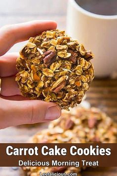 someone holding up a cookie in their hand with the words carrot cake cookies delicious morning treat