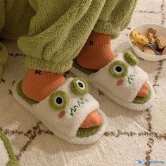 OrcaJump - Frog Cartoon Slippers - Vibrant Green & White - Available in 4 Sizes Cute Green Slippers With Round Toe, Playful Green Slippers With Round Toe, Frog Slippers, Frog Cartoon, Cat Slippers, Shark Slippers, Bear Slippers, Cute Slippers, Comfortable Slippers