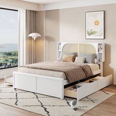 a bedroom with a bed, dresser and window overlooking the cityscape in the background