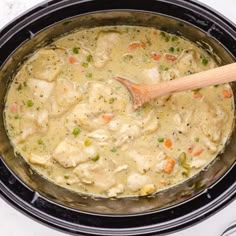 chicken and dumpling soup in a crock pot with a wooden ladle on the side