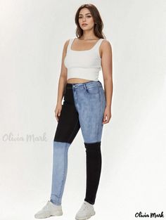 Olivia Mark - Premium Plus Size Casual Jeans: Womens Plus Patchwork Button Fly Slim Fit Denim Pants with Enhanced Stretch and Style Fitted High Rise Jeans With Patchwork, Spring Straight Leg Jeans With Contrast Color, Denim Blue Jeans With Contrast Color, Casual Color Block Jeans For Spring, Trendy Contrast Color Cotton Jeans, Spring Casual Color Block Jeans, Straight Leg Denim Bottoms With Contrast Color, High Rise Stretch Jeans With Patchwork, Color Block Denim Straight Leg Bottoms