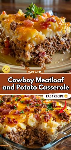 a casserole dish with meat and cheese on top is shown in this collage