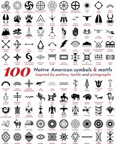 an image of native symbols and motifs in black and white, with red lettering on the bottom