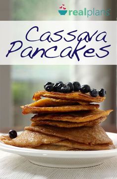 a stack of pancakes with blueberries on top and the words casssa pancakes above it