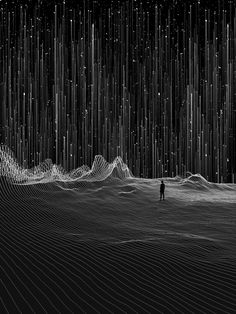 a man standing in the middle of an empty space with stars falling from the sky