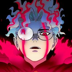 an anime character with red hair and glasses in front of a black background that has flames coming out of his face