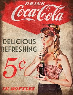 an old coca cola advertisement with a woman holding a bottle in her hand and the caption says, drink coca - cola delicious refreshing 5 cents in bottles