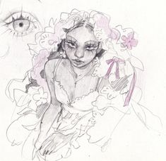 a pencil drawing of a woman's face with flowers on her head and an eye