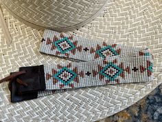 Adjustable Cream Hat Bands For Western-themed Events, Adjustable Southwestern Turquoise Hat Bands, Southwestern Beaded Turquoise Hat Bands, Handmade Southwestern Turquoise Hat Bands, Southwestern Turquoise Beaded Hat Bands, Adjustable Turquoise Hat Bands For Country Events, Adjustable Cream Hat Band For Ranch, Cream Handmade Western Hat Bands, Handmade Western Cream Hat Band