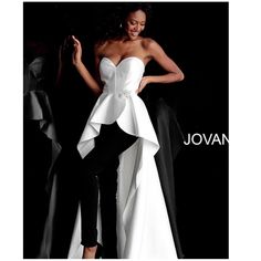 Very Soft Black Pant Suit With Long White Train Prom Pantsuit, Pagent Dresses, Black Pantsuit, Jovani Gown, Jovani Prom, Over Skirt, Prom Dresses Jovani, Jovani Dresses, Jumpsuit Elegant