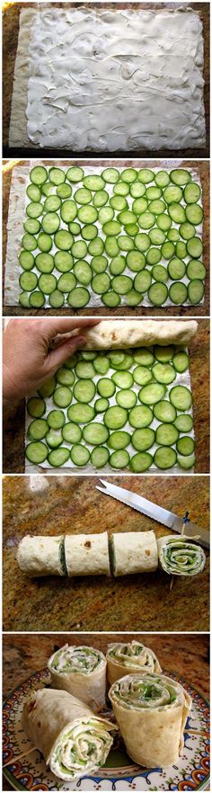 the process for making cucumber wraps is shown in four different stages, including being rolled up and sliced