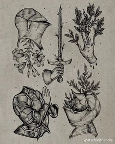 an ink drawing of various items and flowers