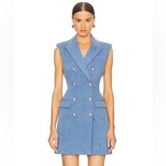 Veronica Beard’s Jules Blazer-Style Dress Is Crafted Of Stretch Denim That Is Tailored To A Fitted Double-Breasted Silhouette. This Mini-Length Piece Features Peak Lapels, Chest And Side Pockets, And A Button-Front Closure. Material: 98% Cotton, 2% Elastane Care Instructions: Dry Clean Designer Color Name: Iceberg Lining: 100% Polyester Pockets: Flap Pockets Closure: Double-Breasted Buttoned Front True To Size Shoulder Pad Inserts Cinched Waist New In Plastic Packaging - All Orders Ship Within One Business Day Of Ordering - - Smoke-Free Pet-Free Home Elegant Denim Dress With Buttons, Blue Denim Vest For Workwear In Summer, Summer Blue Denim Vest For Workwear, Spring Mini Length Denim Dress For Workwear, Elegant Denim Blue Dress With Pockets, Denim Blue Mini Dress For Work, Denim Blue Workwear Vest For Summer, Elegant Denim Blue Dresses With Pockets, Blue Denim Vest For Workwear In Spring